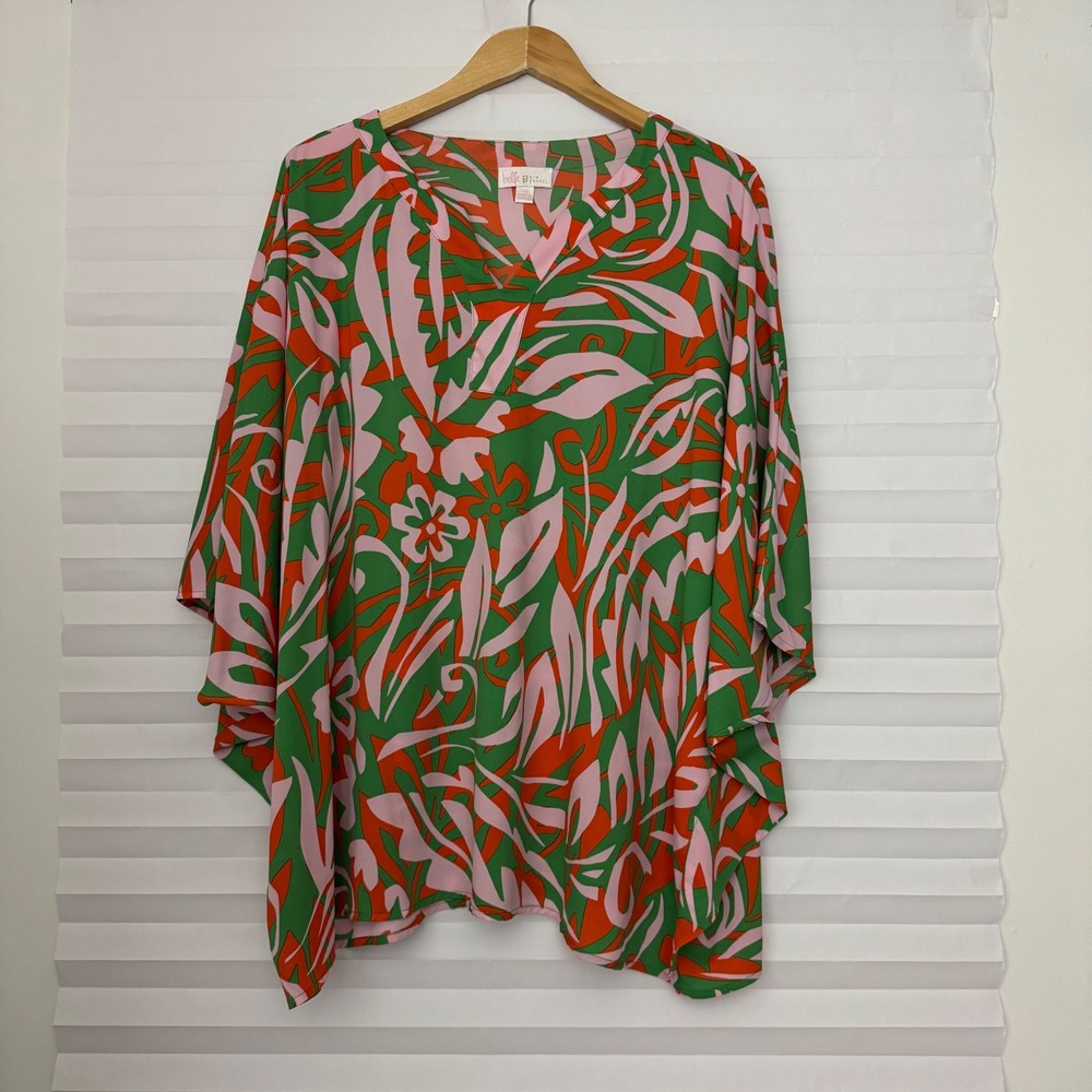 Belle by Kim Gravel Tropical Floral Caftan Top Green Pink 2X Kimono Blouse Funky